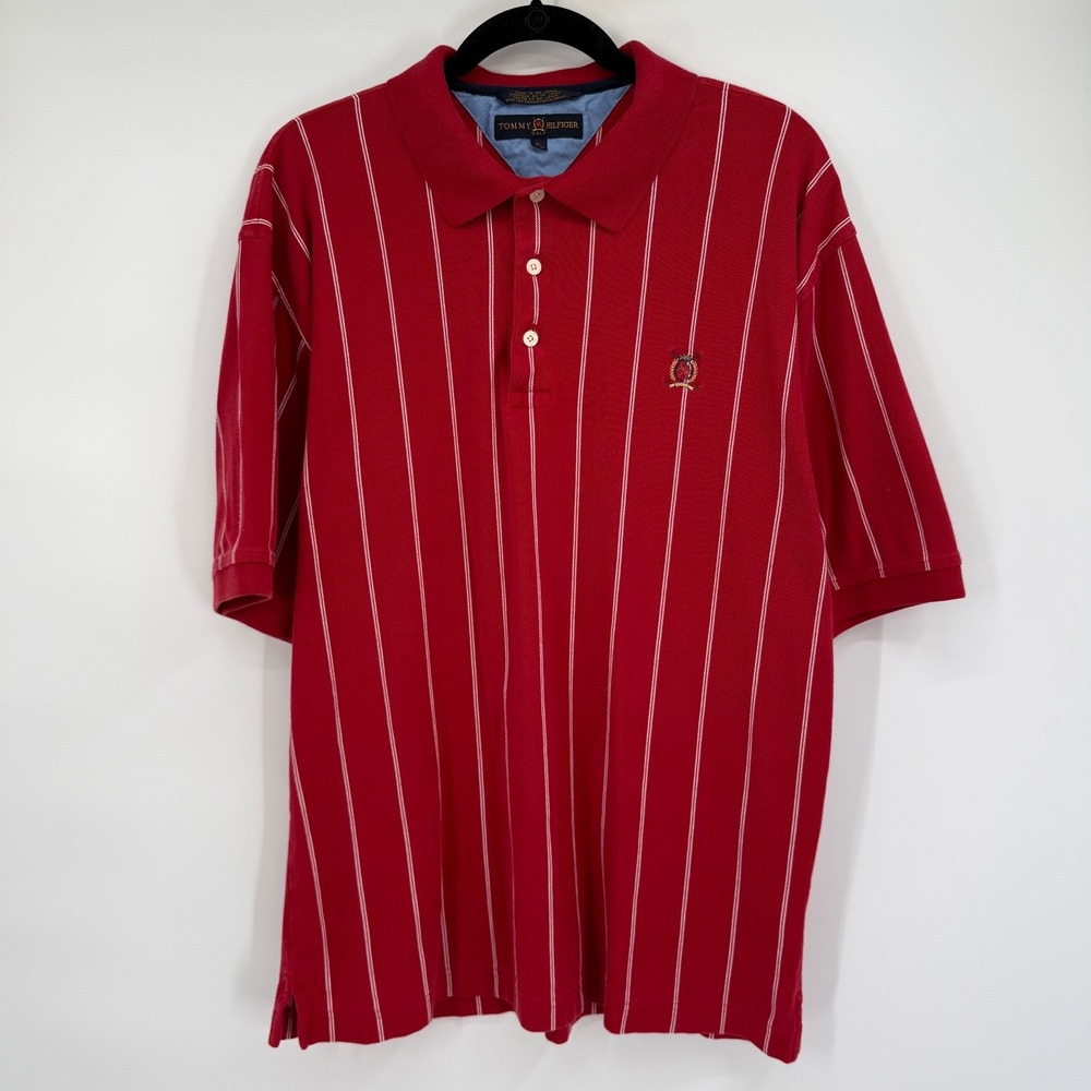 Tommy Hilfiger Mens XL Striped Polo Shirt Short Sleeve Collar Vintage 90s Red